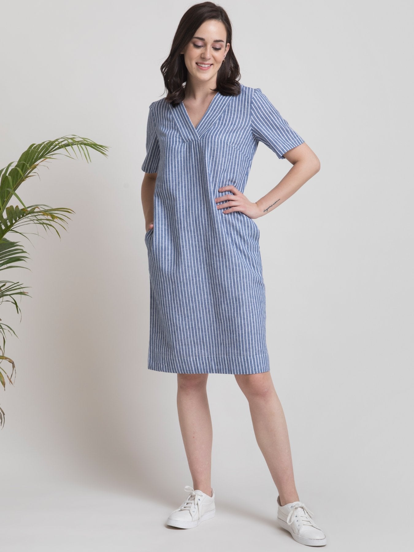 Linen Striped V Neck Shift Dress - Blue and White