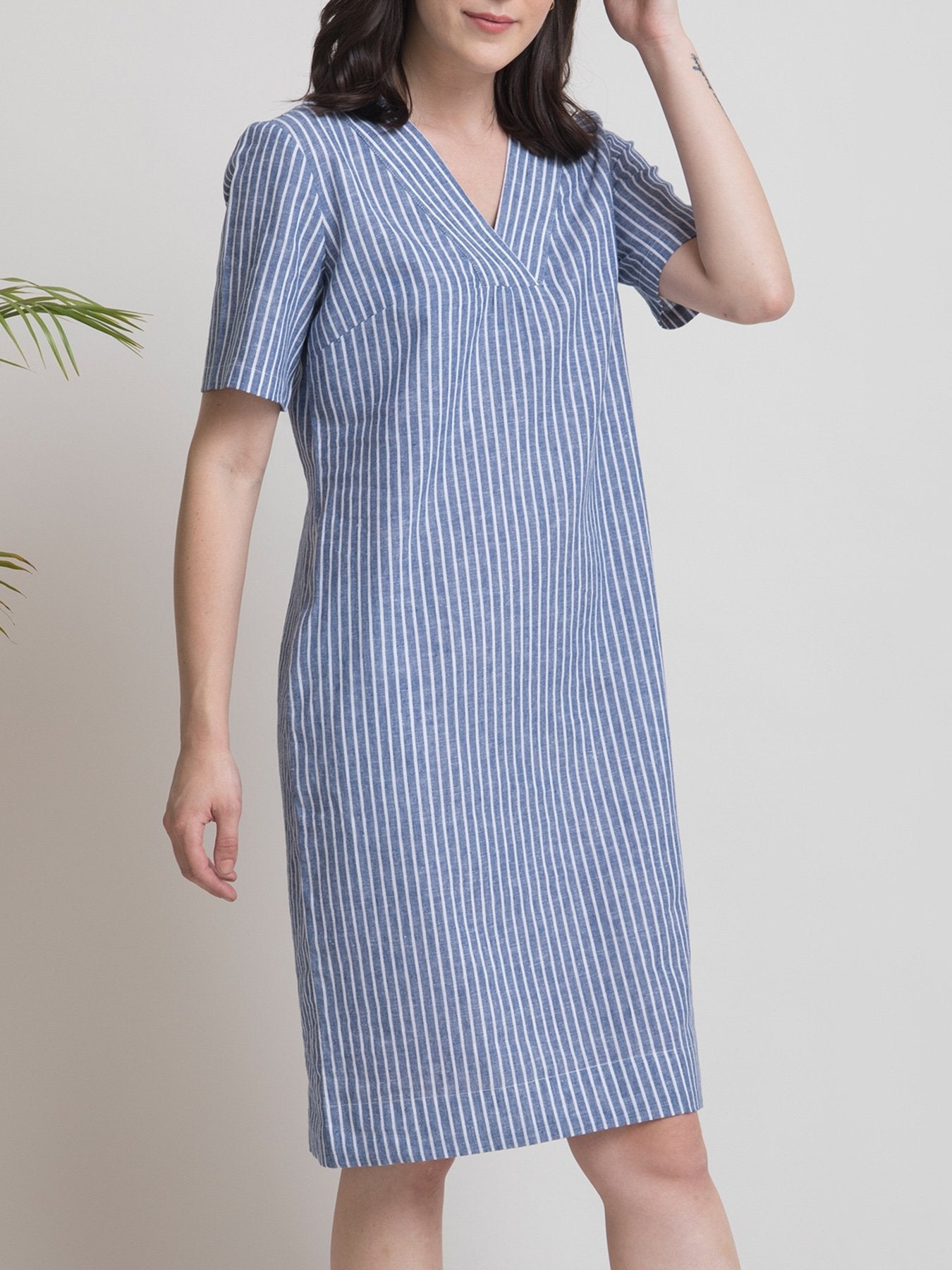 Linen Striped V Neck Shift Dress - Blue and White