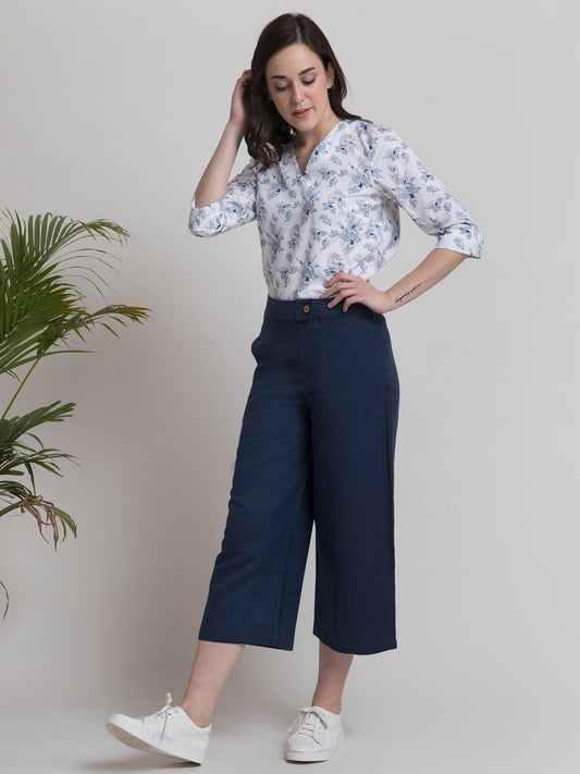 Linen Textured Culotte - Navy Blue