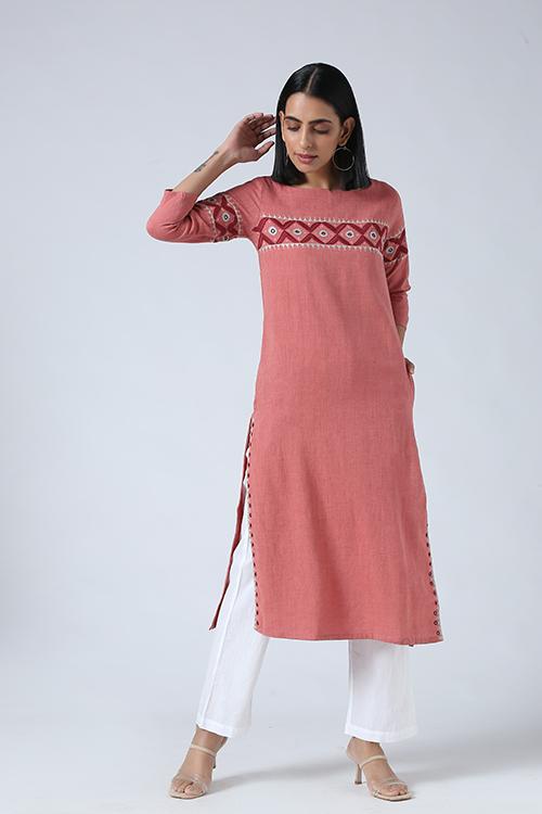Peach' Hand Embroidered Mirror Work Kurta