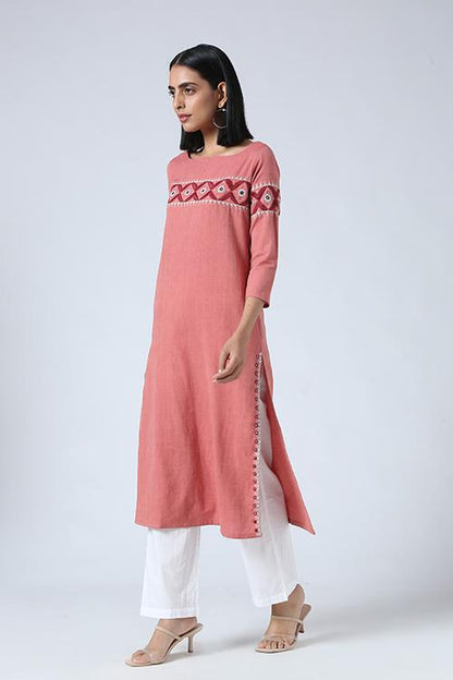 Peach' Hand Embroidered Mirror Work Kurta