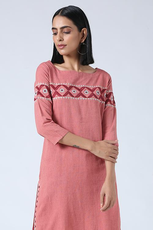 Peach' Hand Embroidered Mirror Work Kurta