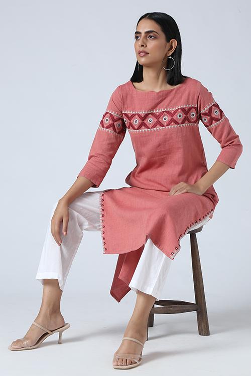 Peach' Hand Embroidered Mirror Work Kurta