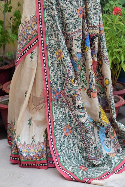 Krishna leela handpainted madhubani tussar silk saree
