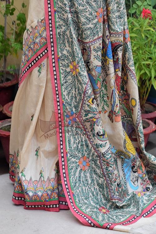Krishna leela handpainted madhubani tussar silk saree