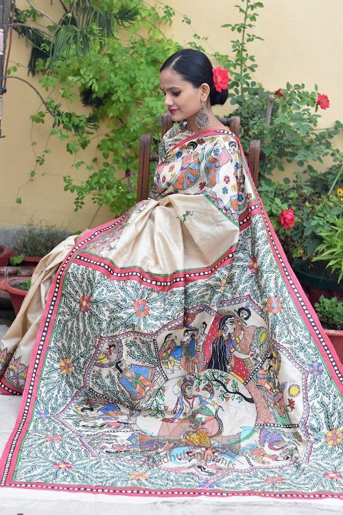 Krishna leela handpainted madhubani tussar silk saree