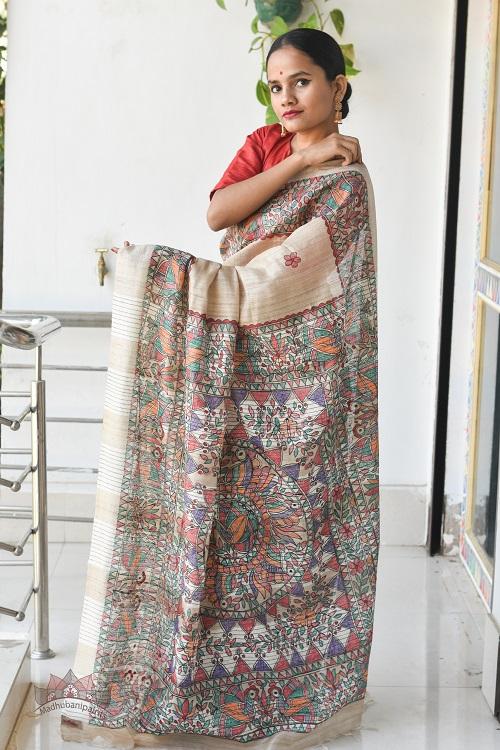 Mayuri Tussar Madhubani Saree