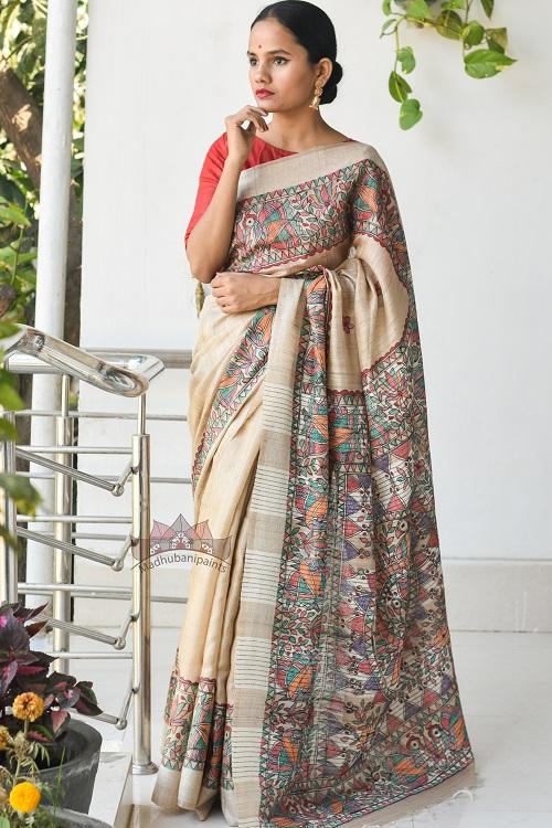 Mayuri Tussar Madhubani Saree