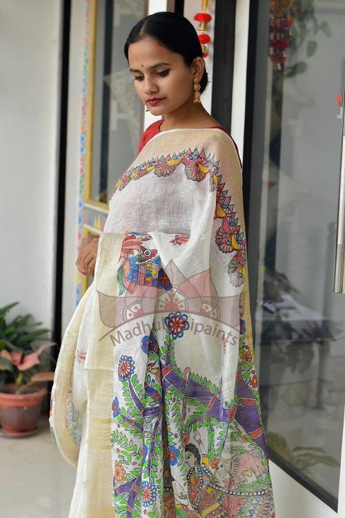 Radha Gopi Madhubani Painting Saree