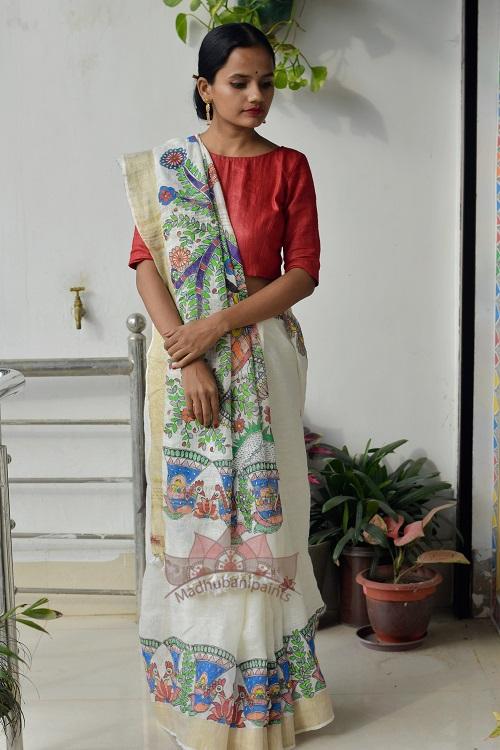 Radha Gopi Madhubani Painting Saree
