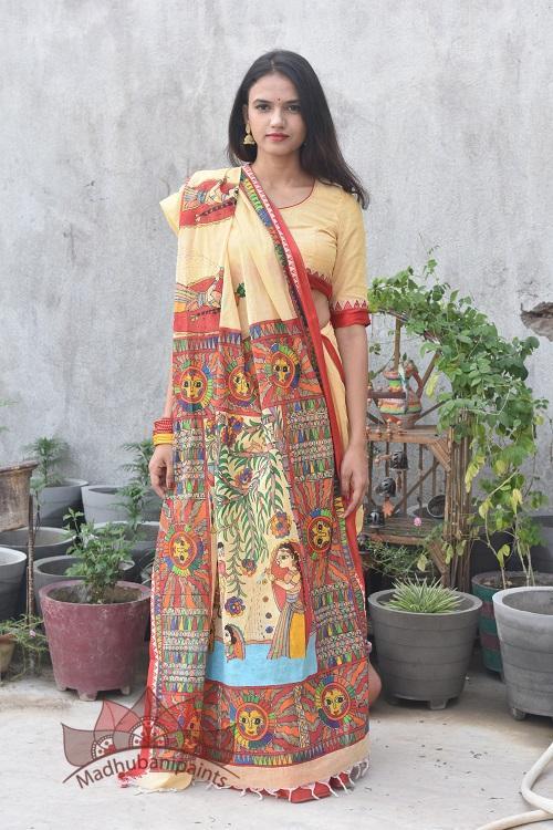 Chhat Puja Handapinted Madhubani Cotton Saree