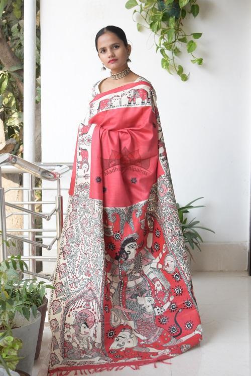 Navdurga Red Handpainted Madhubani Tussar Silk Saree