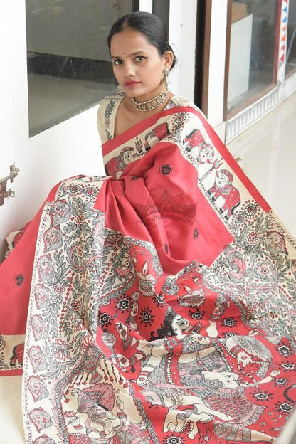 Navdurga Red Handpainted Madhubani Tussar Silk Saree