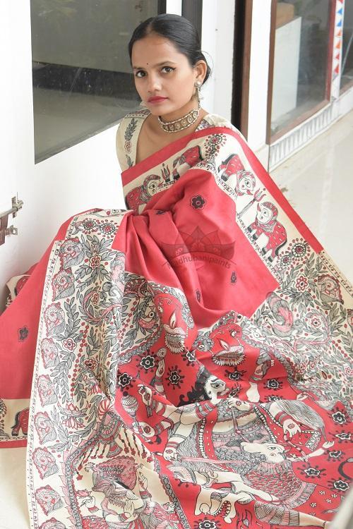 Navdurga Red Handpainted Madhubani Tussar Silk Saree