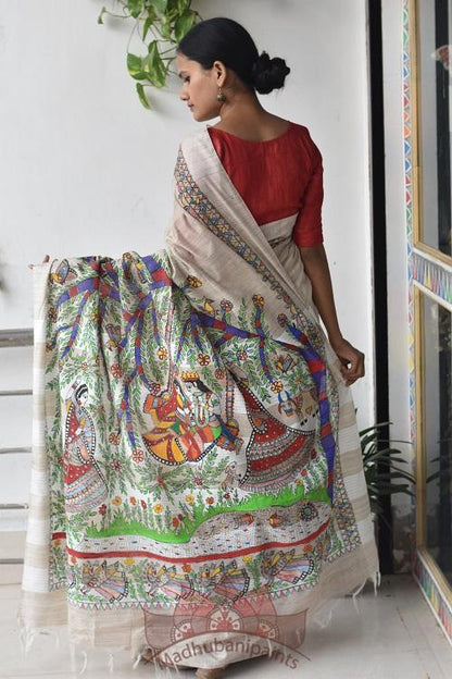 Jhule Nandgopal Handpainted Madhubani Saree