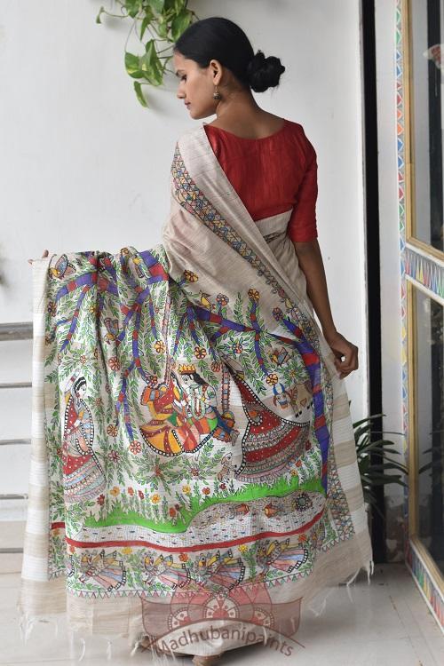 Jhule Nandgopal Handpainted Madhubani Saree