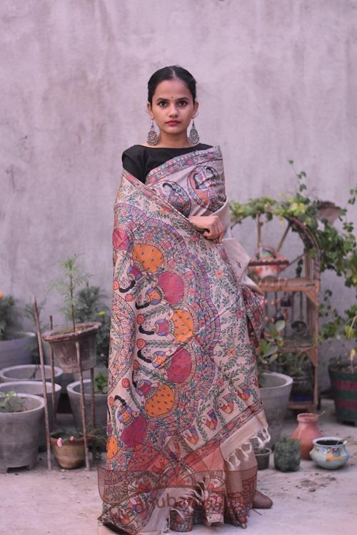 Gopi Katha Madhubani Handpainted Tussar Silk Saree