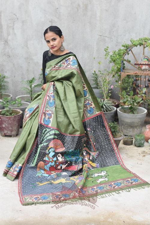 Krishna Baarish Madhubani Handpainted Saree