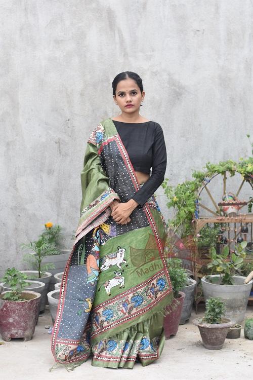 Krishna Baarish Madhubani Handpainted Saree