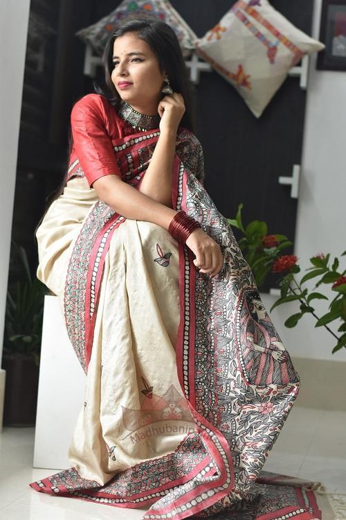 Maa Ambe Madhubani Handpainted Saree