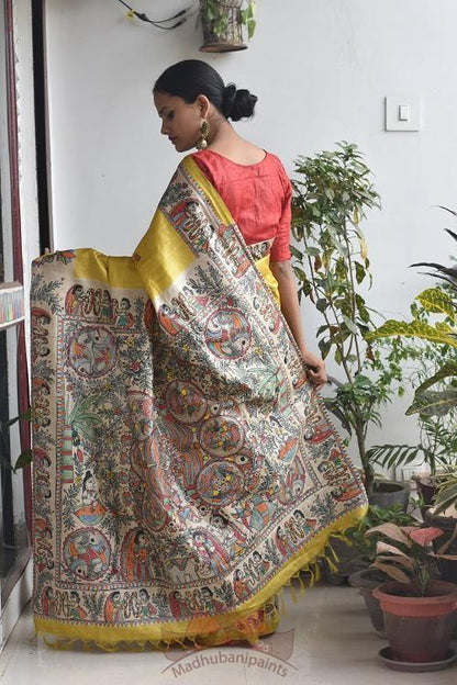 Kohbar Mustard Mithila Handpainted saree