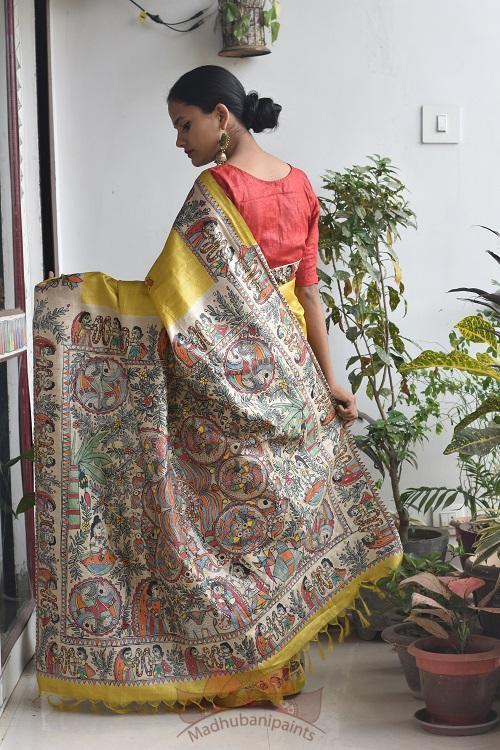 Kohbar Mustard Mithila Handpainted saree