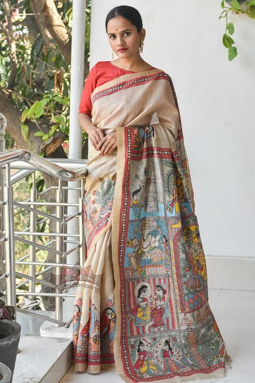 Vishnu Avatar Tussar Madhubani Painting Saree