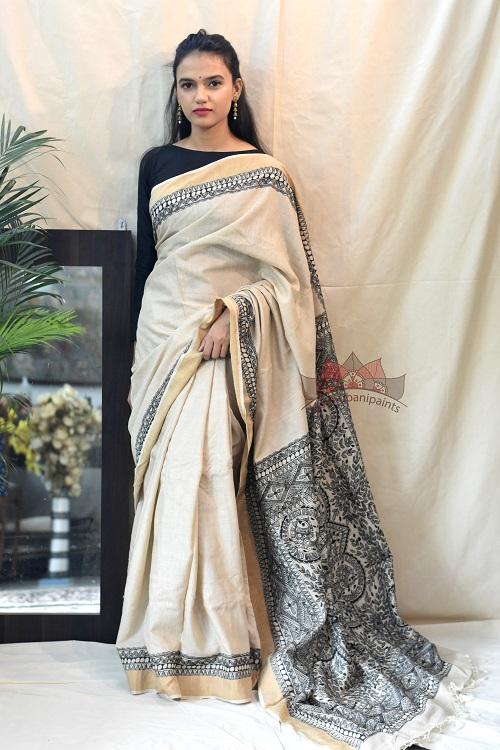 Madhubani Paints Black-Minimal Madhubani Handpainted Saree