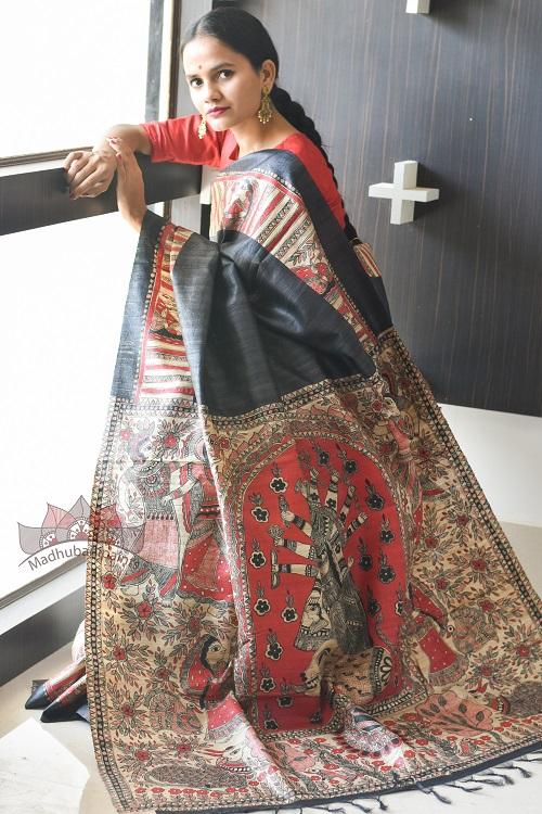 Maa Durga Hand Painted Madhubani Tussar Saree