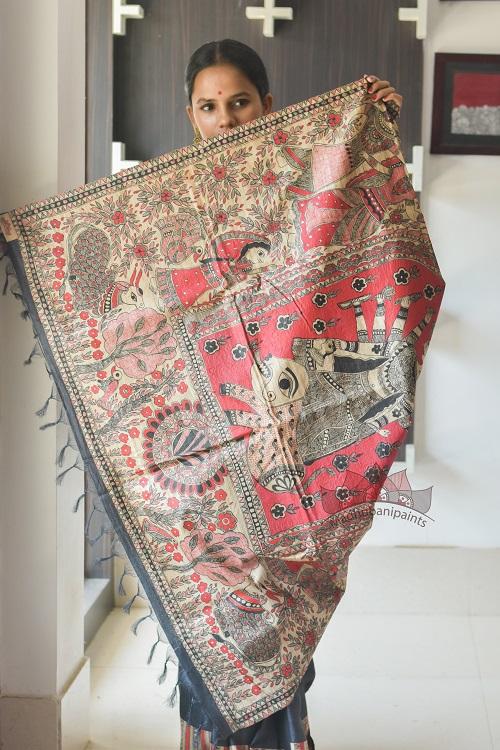 Maa Durga Hand Painted Madhubani Tussar Saree