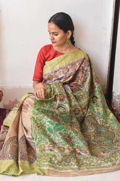 Kohbar Tussar Madhubani Painting Saree