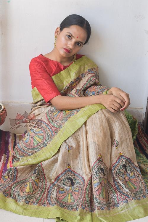 Kohbar Tussar Madhubani Painting Saree