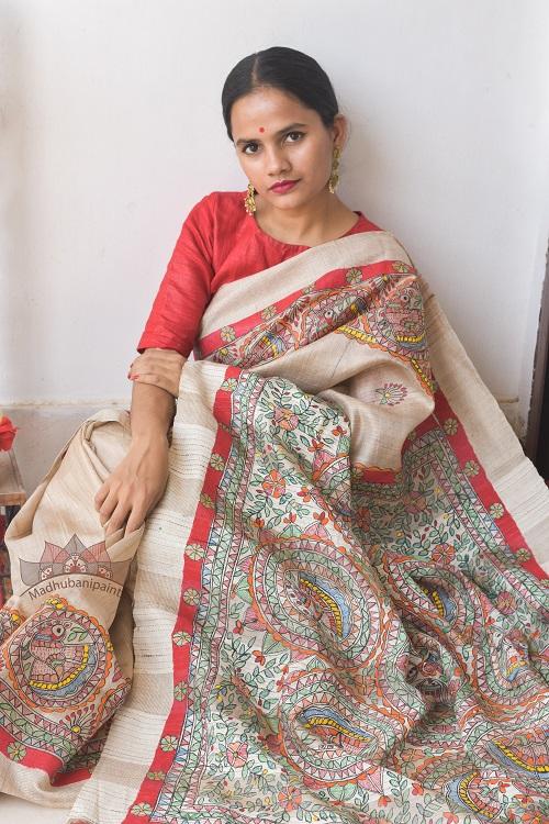Peacock  Tussar Madhubani Painted Saree