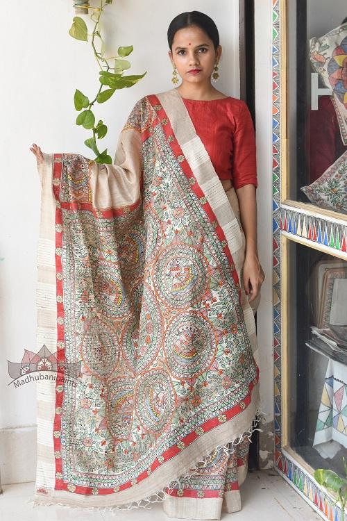 Peacock  Tussar Madhubani Painted Saree