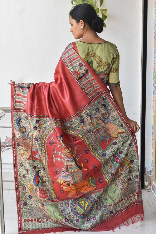 Durga Red Madhubani Painted Saree