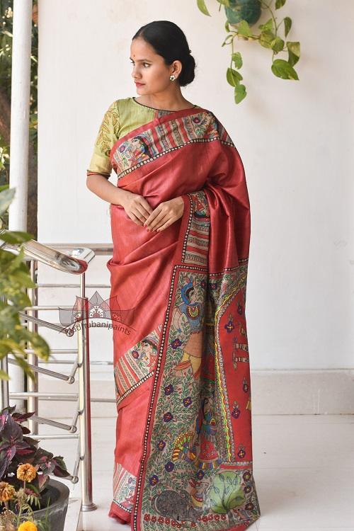 Durga Red Madhubani Painted Saree