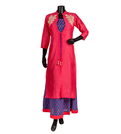 Red and Blue Hand Block Printed Jacket Layered Dress