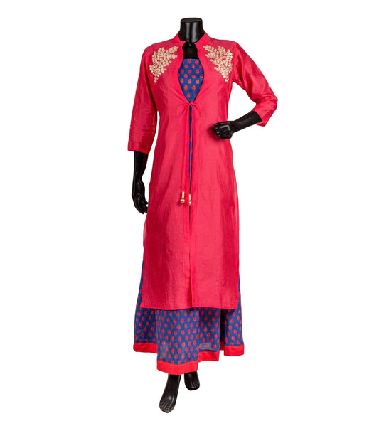 Red and Blue Hand Block Printed Jacket Layered Dress