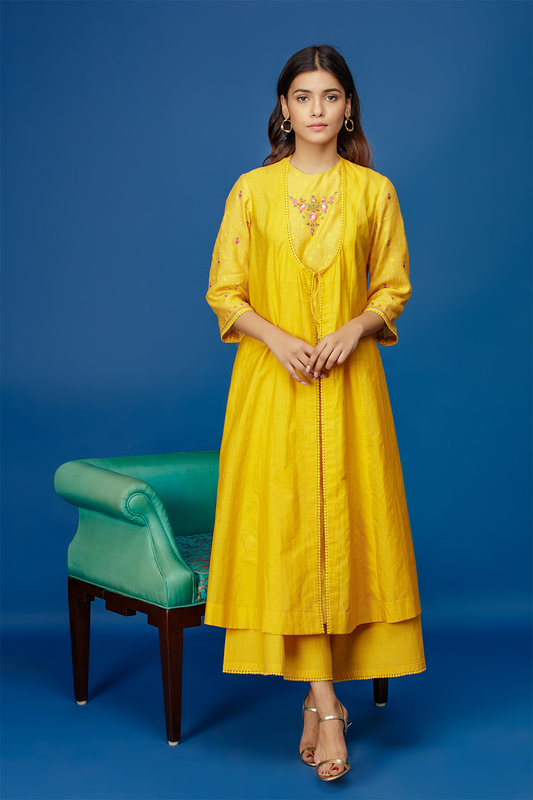 Embroidered Double Layered Kurta With Flared Palazzo. Yellow