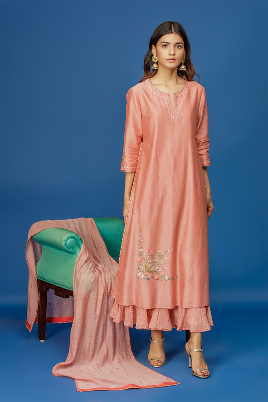 Floral Jaal Kurta With Crinkle Sharara & Dupatta. Old Rose Pink.