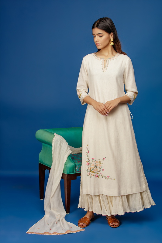 Floral Jaal Kurta With Crinkle Sharara & Dupatta. Ivory