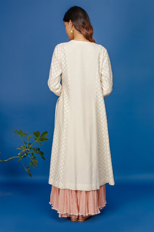 Embroidered Kurta With Dual Colour Crinkle Skirt & Dupatta. Ivory /old Rose Pink