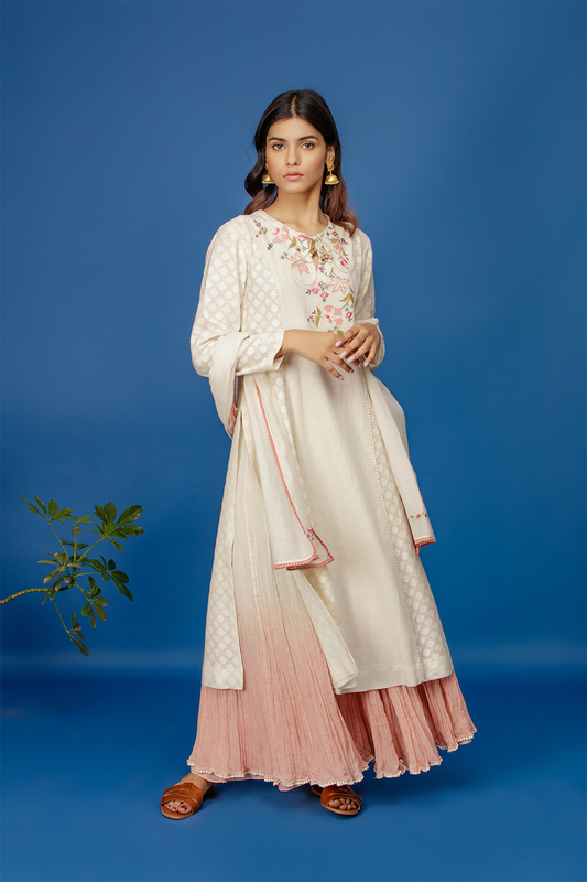 Embroidered Kurta With Dual Colour Crinkle Skirt & Dupatta. Ivory /old Rose Pink