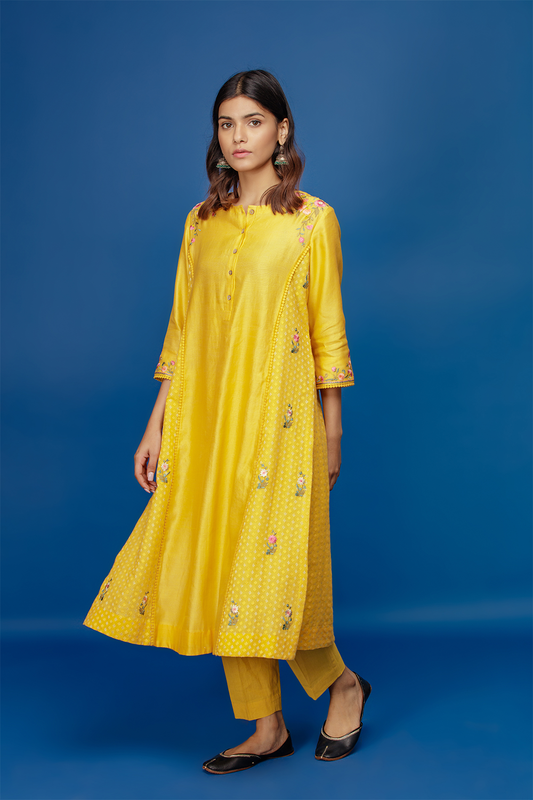 Embroidered Front Placket Kurta With Palazzo. Yellow