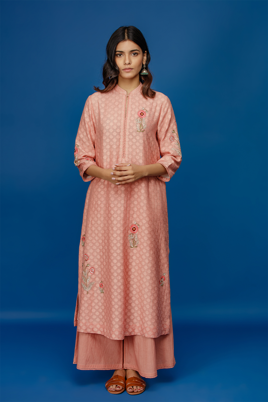 Embroidered Kurta With Palazzo. Old Rose Pink.
