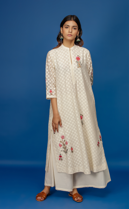 Embroidered Kurta With Palazzo. Ivory