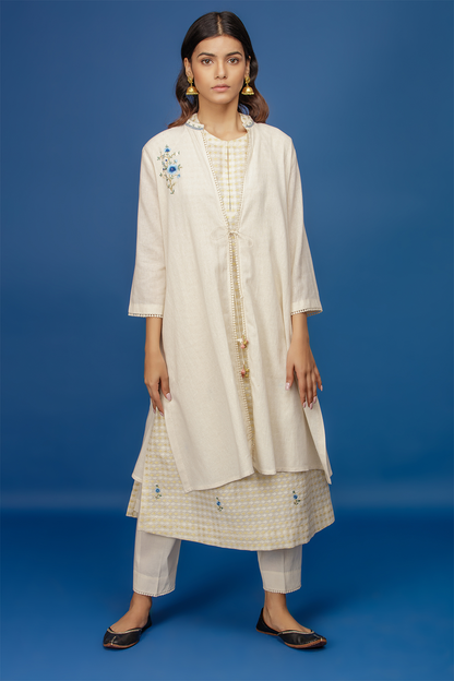 Embroidered Kurta With Cape & Straight Pants. Ivory