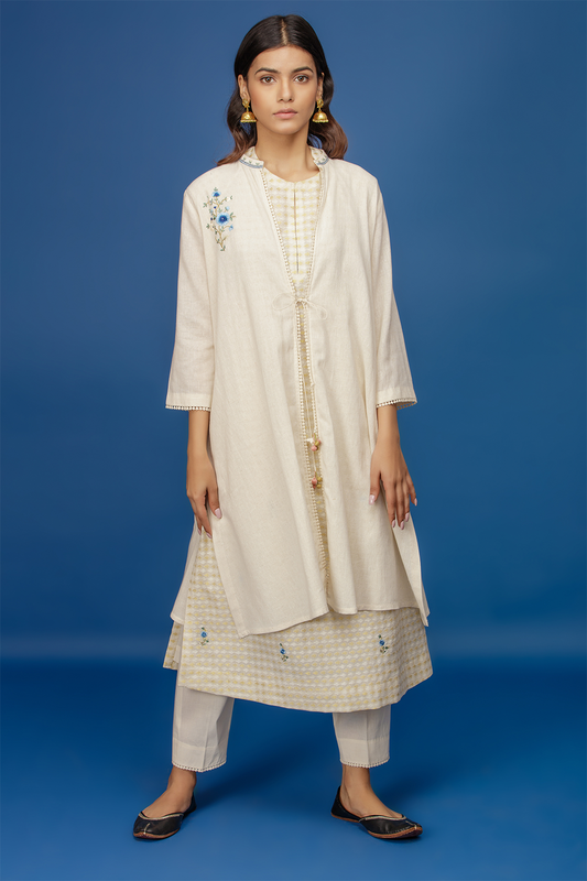 Embroidered Kurta With Cape & Straight Pants. Ivory