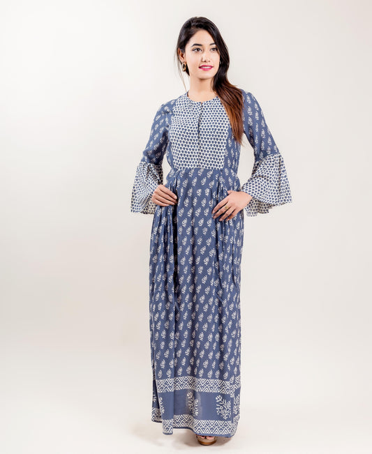 Modal Long Bell Sleeved Indo Western Dress In Blue And Grey