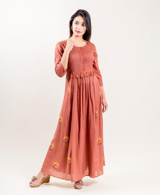 Modal Tasseled Hand Block Printed Indo Western Dress